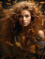 Captivating autumn portrait of a woman with flowing curly hair photo
