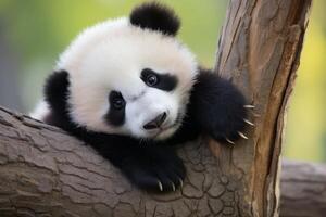 Adorable panda bear cub resting on tree branch photo