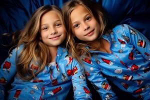 two young girls in matching pajamas smiling at the camera photo
