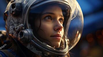 Astronaut in spacesuit looking thoughtfully into the distance photo