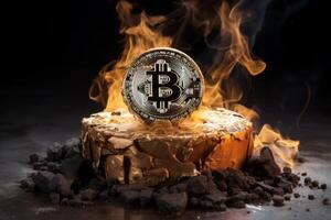 Burning cryptocurrency bitcoin on a rocky surface photo