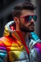 Stylish man in colorful puffer jacket and sunglasses photo