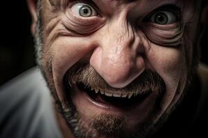 Intense close up of a rugged, weathered face with piercing eyes photo