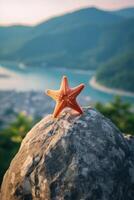 Vibrant starfish on rocky cliff overlooking serene lake photo