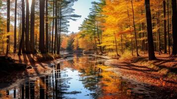 Autumn forest landscape with colorful trees reflecting in the water photo