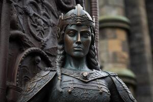 Ornate bronze statue of a warrior woman with intricate armor and headdress photo