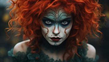 Mysterious woman with vibrant red hair and intricate face paint photo