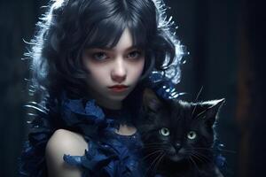 mysterious girl with black cat in dark moody setting photo