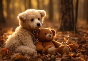 Fluffy dog with stuffed bear in autumn leaves photo