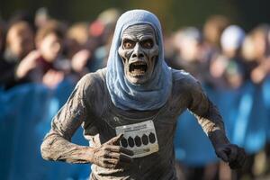 Terrifying mummy figure running in a crowd photo