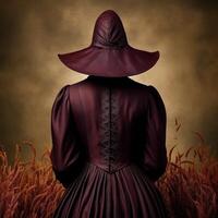 Mysterious figure in dark hooded cloak standing in field photo