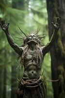 Mysterious forest spirit with outstretched arms photo