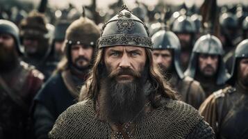 medieval warrior with long beard and ornate helmet photo