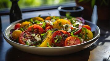 Fresh and colorful tomato salad with greens and balsamic dressing photo