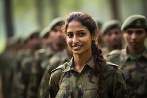 Smiling female soldier in military uniform photo