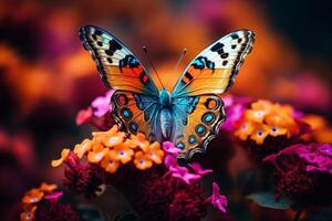 Vibrant butterfly resting on colorful flowers photo