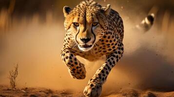 Powerful cheetah running through the dust photo