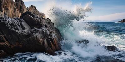 Powerful ocean waves crashing against rocky cliffs photo