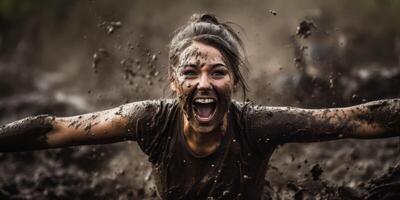 Intense expression of a woman covered in mud photo