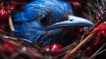 close up of a vibrant blue bird in a nest photo