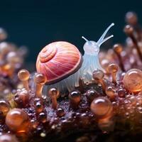 Colorful snail shell and mushroom on dark background photo