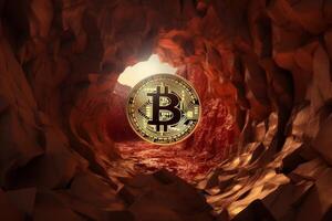 Glowing bitcoin cryptocurrency in a fiery cave photo