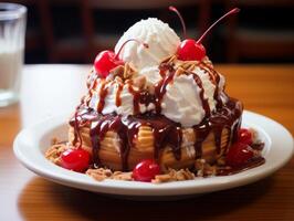 Decadent ice cream sundae with cherries and chocolate sauce photo