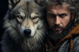 Rugged man with wolf in dark wilderness photo