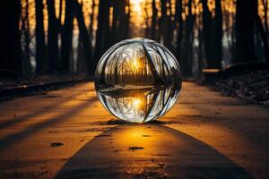 Sunset reflection in glass sphere on forest path photo