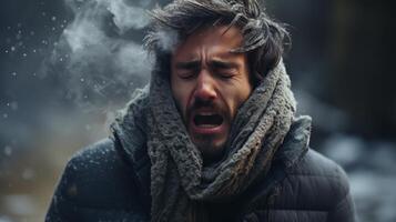 Shivering man bundled up in winter clothing photo
