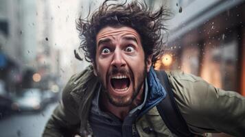 man with shocked expression in the rain photo