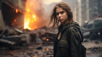 woman standing in front of burning building photo