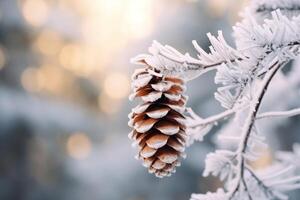 Frosty pine cone on snowy branch photo