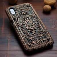 Intricate carved phone case with tribal patterns photo