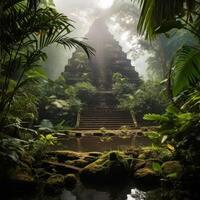 ancient jungle temple in misty forest photo