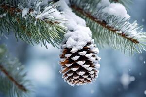 Snowy pine branch with pinecone photo