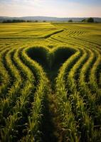 Aerial view of a heart shaped path through a golden wheat field photo