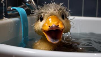 Wet and wild duck in the bathtub photo