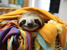 Smiling sloth peeking out from colorful blankets photo