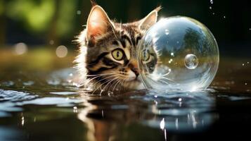 Curious cat peeking through water bubble photo