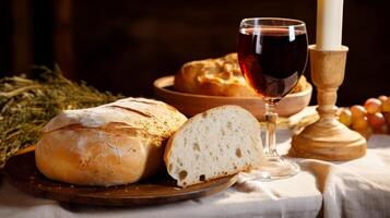 Freshly baked bread and red wine on a rustic table photo