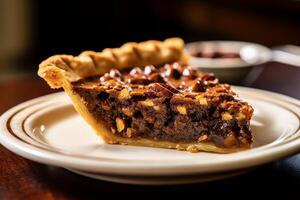 Delicious homemade pecan pie slice on a plate photo