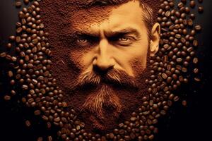 Dramatic portrait of a bearded man surrounded by coffee beans photo