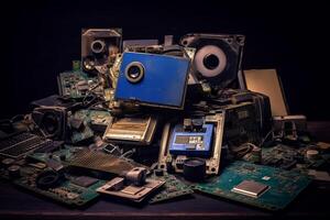 Disassembled computer components and electronic waste photo