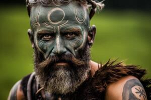 Intense warrior with tribal face paint and beard photo