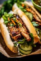 Delicious Vietnamese banh mi sandwich with grilled pork, fresh vegetables, and herbs photo
