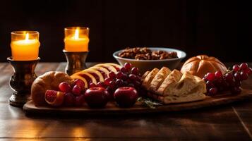 Cozy autumn still life with candles, fruits, and bread photo