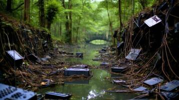 Discarded electronics in a lush forest stream photo
