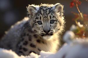 Adorable snow leopard cub in winter wonderland photo
