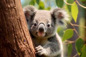 Adorable koala peeking out from behind tree trunk photo